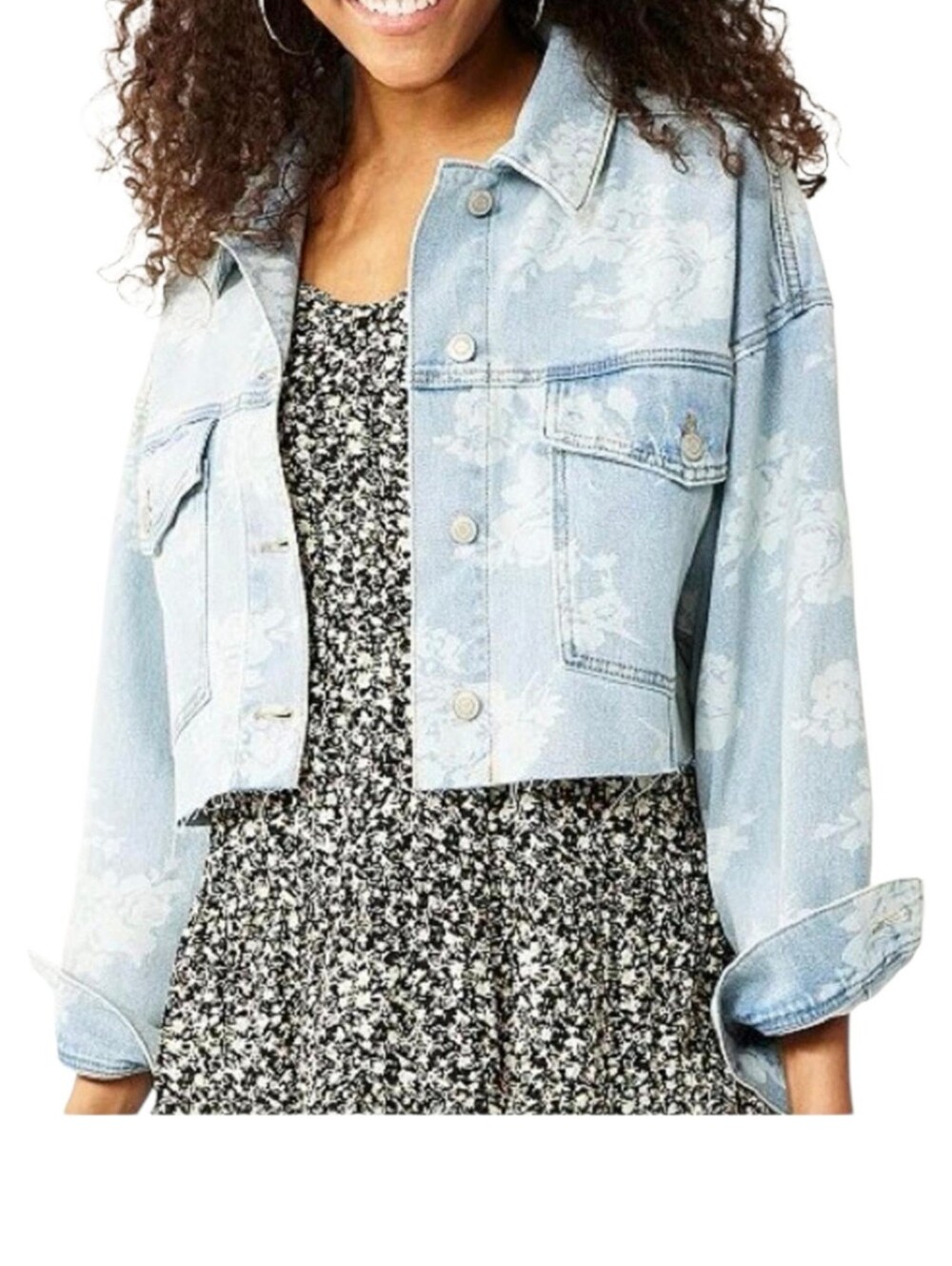 Floral Print Cropped Boxy Denim Jacket L Raw Hem Western Coquette Cottagecore